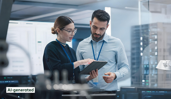 A woman is showing something on a tablet to a man in a server room