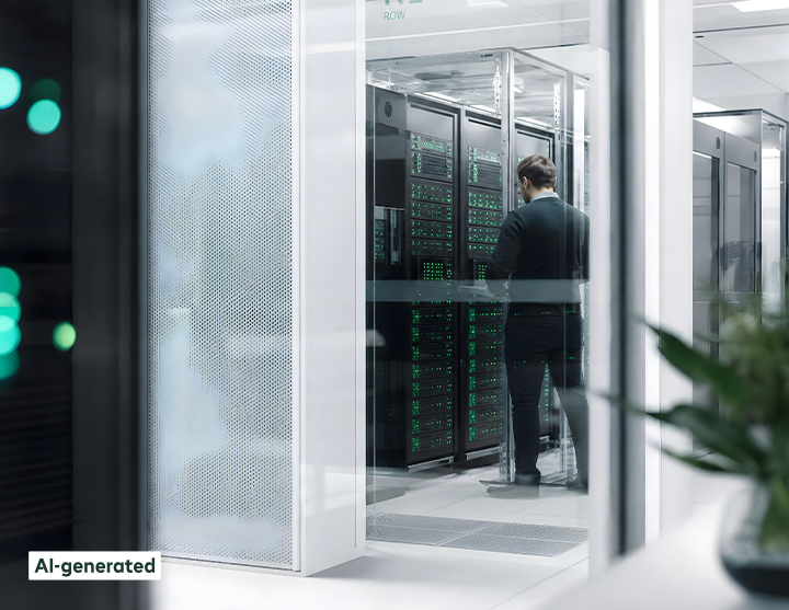 A man in a black suit is working in a server room