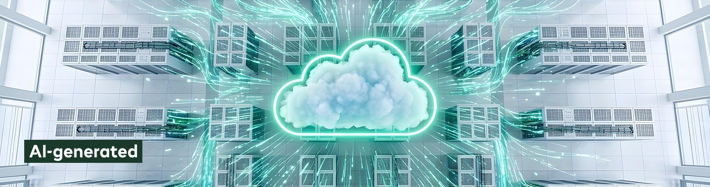 A neon cloud sign is floating under a server room