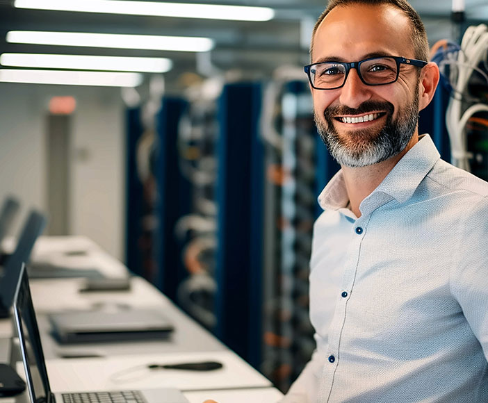 Man with glasses in the serverroom