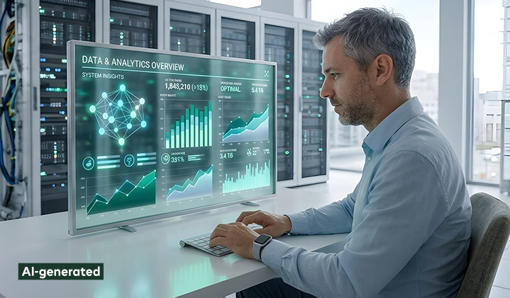 A man is working in a server room on a big transparent screen that says "Data and analytics overview"