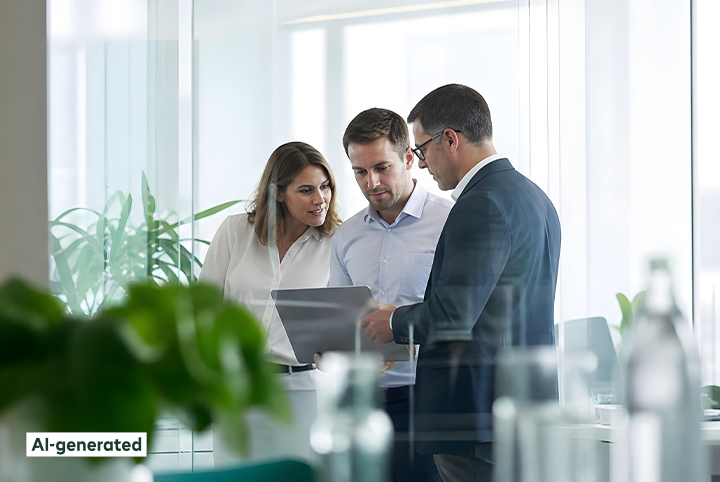 A woman and two men in suits are discussing something in an office
