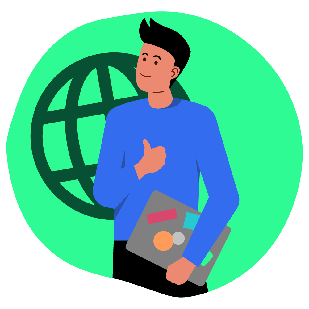 Illustration zum Thema eigener Laptop: ein junger Mann hält ein Laptop in einer Hand, mit der anderen zeig er Daumen hoch.