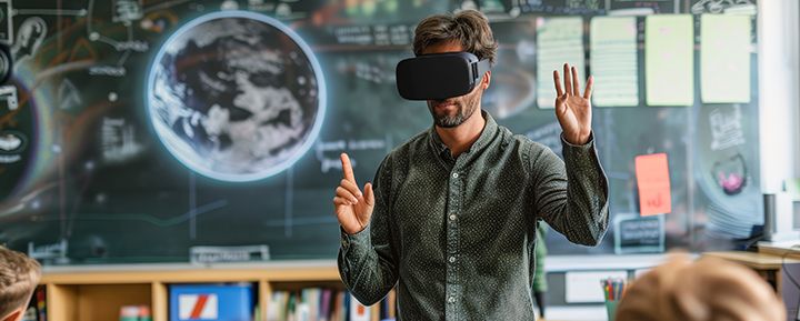 Ein Lehrer unterrichtet Kinder mit AR-Brille