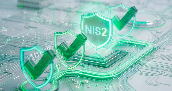 Grüne Neon-Schilde mit Häkchen. Eines der Schilde trägt den Text „NIS2“.