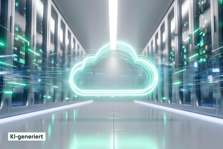 Ein Neon-Wolken-Schild schwebt in einem Serverraum.
