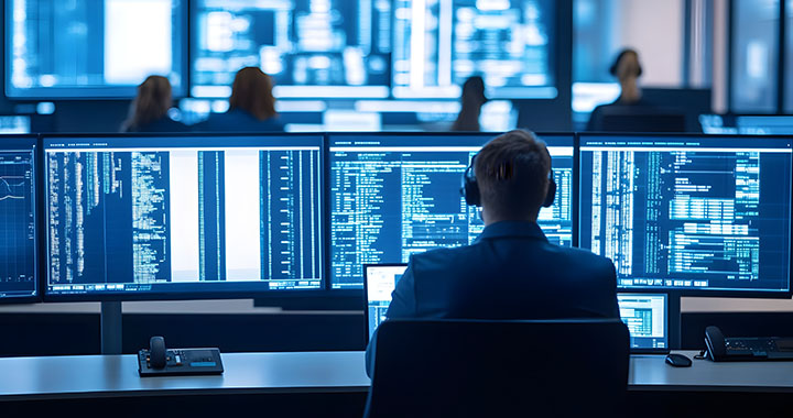 Man with headphone sitting in front of desktops