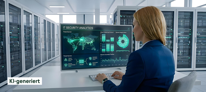 Eine Frau arbeitet in einem Serverraum an IT-Sicherheitsanalysen.
