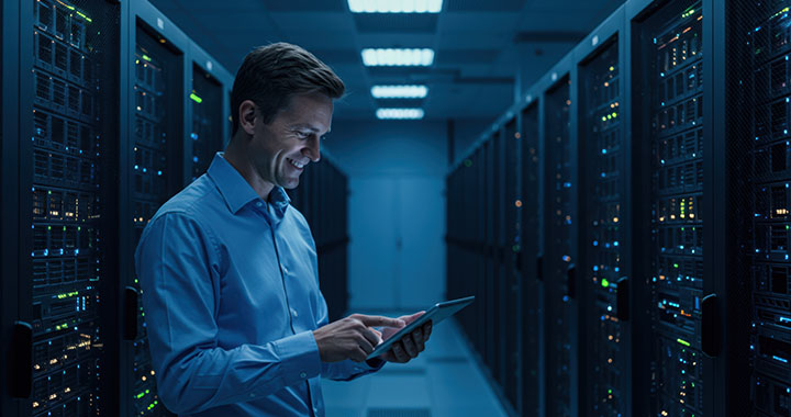 Man checking tablet in server room