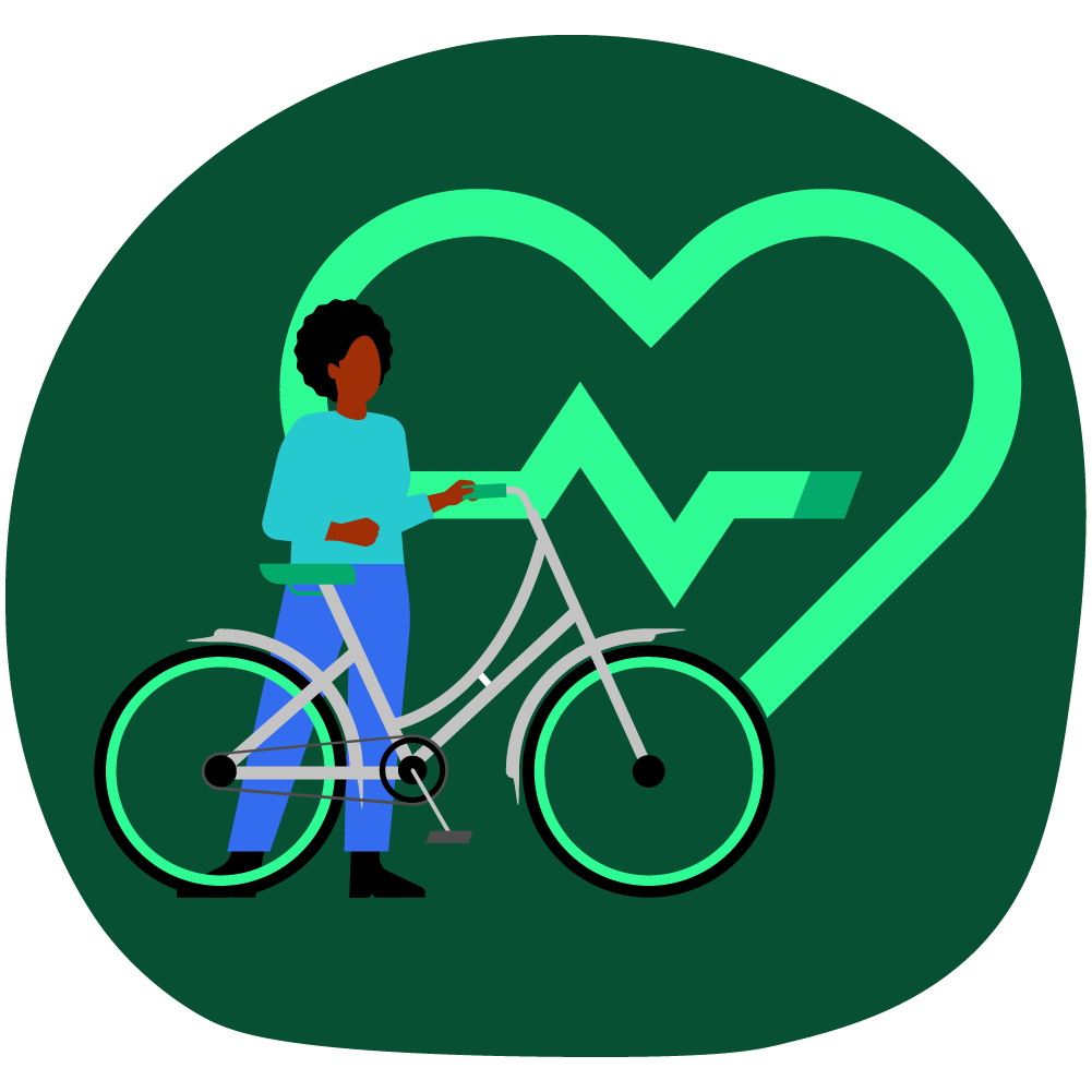Illustration zum Thema Gesundheit und Wohlbefinden: eine Frau ist mit einem Fahrrad abgebildet, sie ist vor einem Icon in Form des Herzes abgebildet