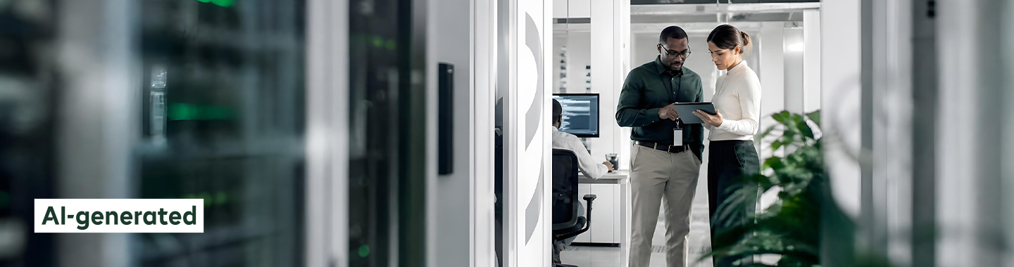 A woman and a man are working on a tablet in a green server room
