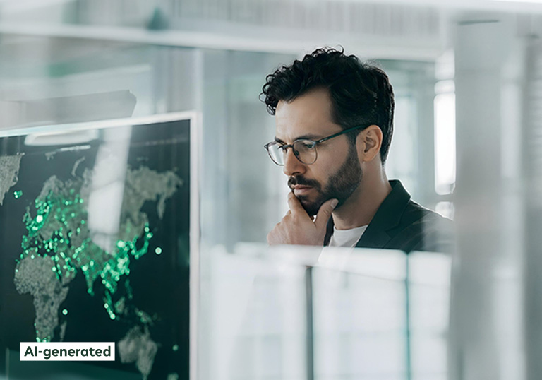 Man in modern work environment analyzing digital data on large screen for decision making