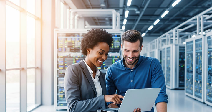 Woman and Man looking at a notebook