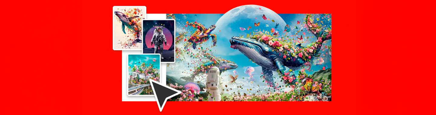 Colorful digital art featuring an astronaut, whales, and turtles surrounded by flowers and butterflies on red background