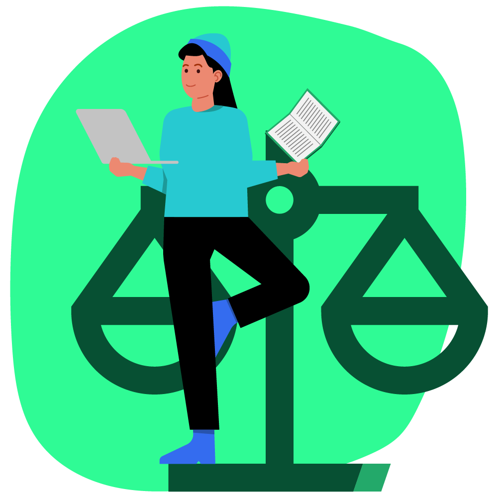 Illustration zum Thema Flexibilität: Eine Person in einer Yoga-ähnlichen Balancehaltung, die Laptop und Buch auf einer Waage hält und so Flexibilität und Ausgleich symbolisiert.