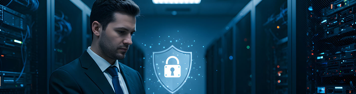 Man checking smartphone in server room with lock 