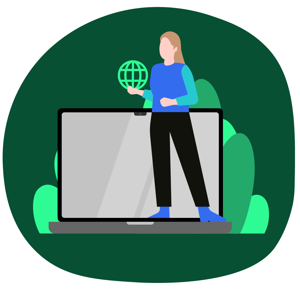 Illustration zum Thema Modern Workplace: Frau steht vor dem Laptop und hält die Erdkugel in der Hand.
