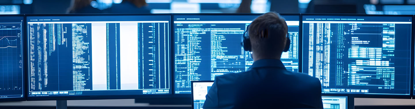 Man with headphone sitting in front of desktops