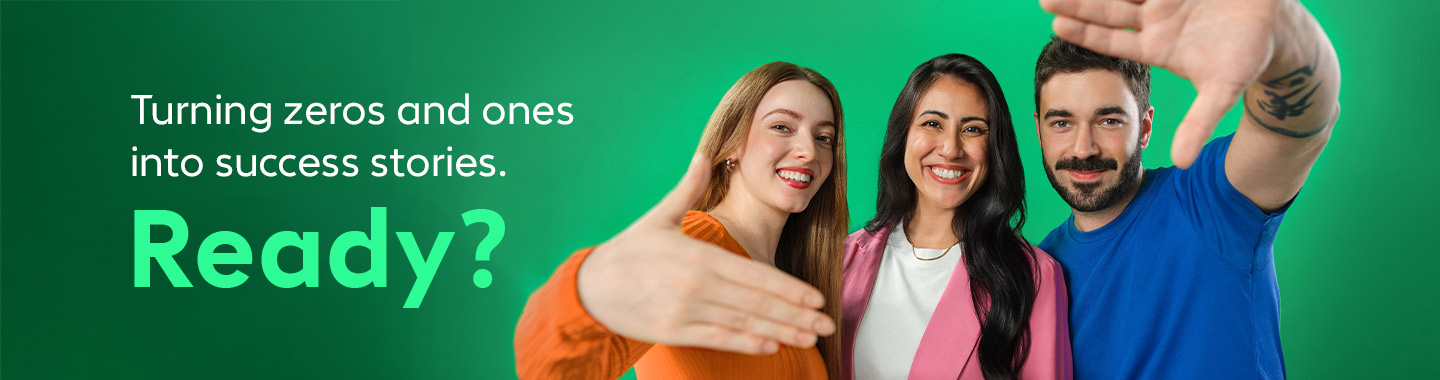 A group of three people smile at the camera and extend their hands invitingly.