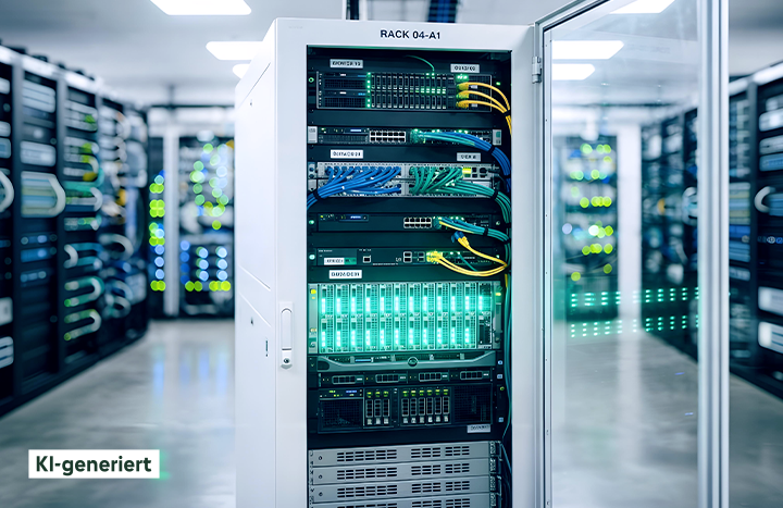 Ein großer, heller Server, der in einem Serverraum steht.