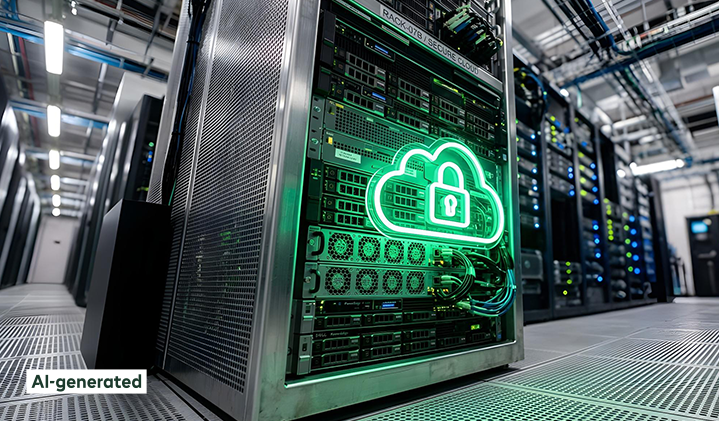 A big server with a green neon cloud icon