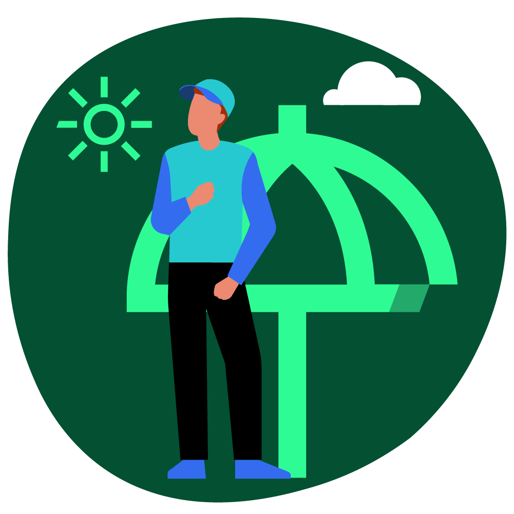 Illustration zum Thema work-life balance: eine Person steht vor dem Regenschirm, welcher als Icon dargestellt ist