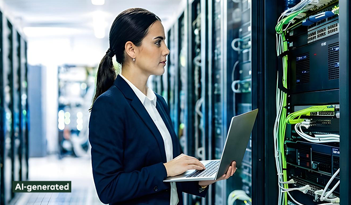 A woman with a laptop is working in a data center