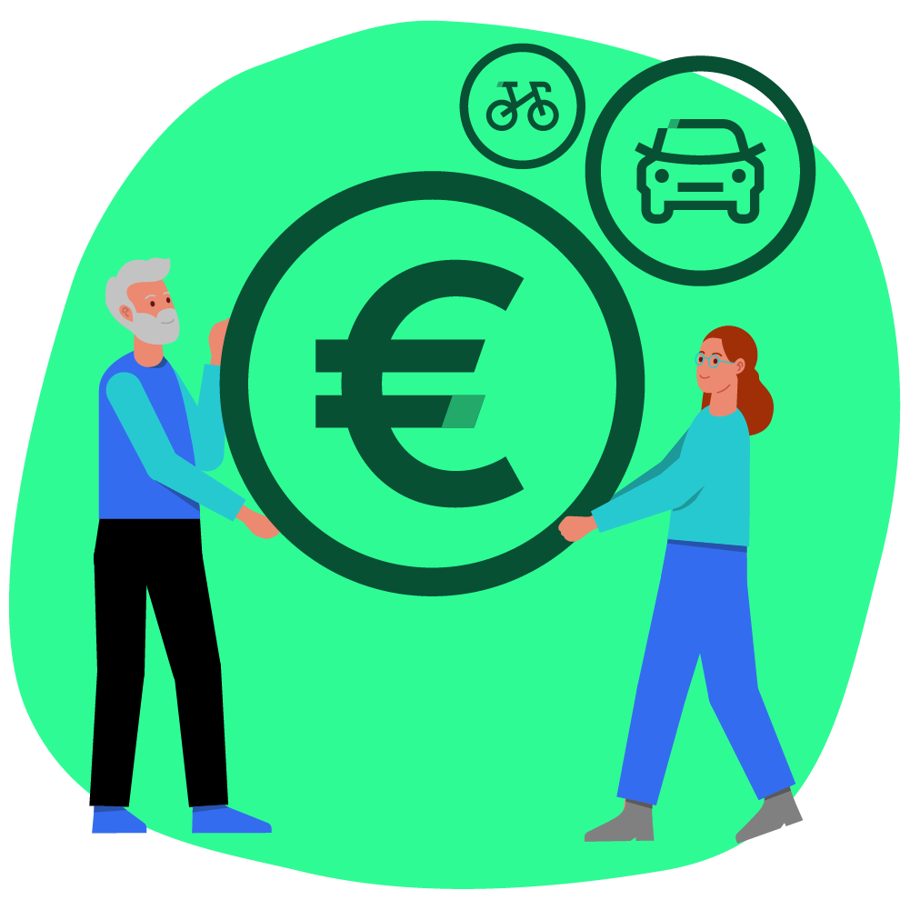 Illustration zum Thema Fahrtkosten: zwei Personen halte eine symbolische grafisch als Icon dargestellte Euro MünzeEuro