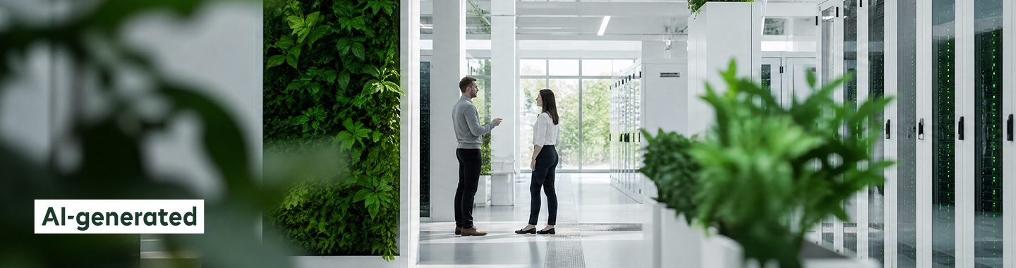 A woman and a man are talking in a green server room 