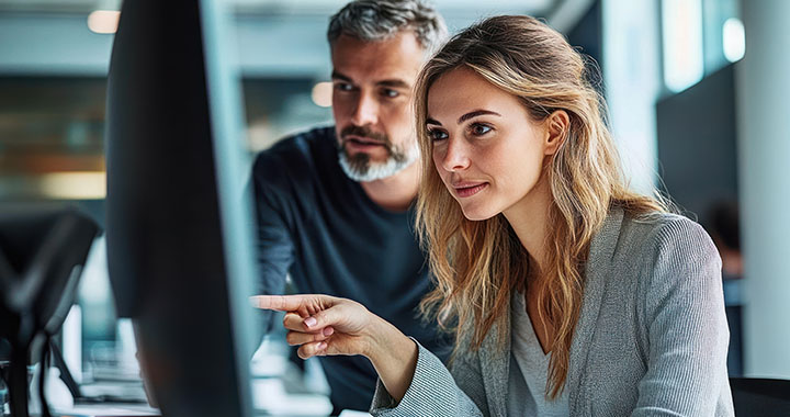 Man and woman looking at monitor