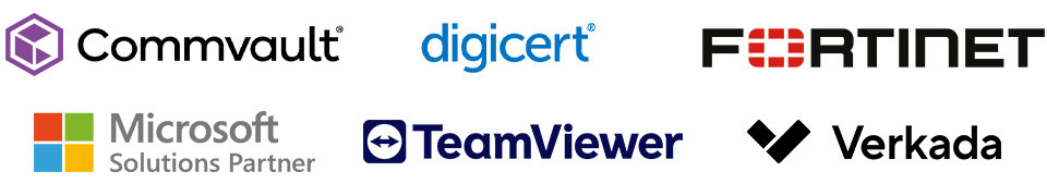 Dieses banner zeigt die Logos unserer Messe-Partner auf der it-sa 2026. Abgebildet sind die Logos von Commvault, digicert, Fortinet, Microsoft, TeamViever und Verkada.