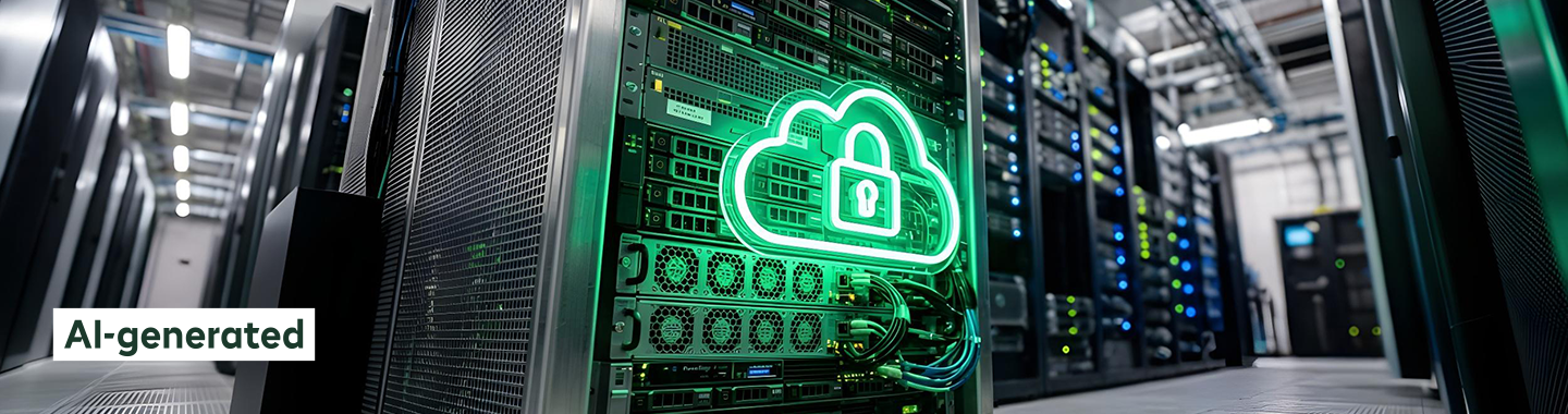 A big server with a green neon lock icon over it