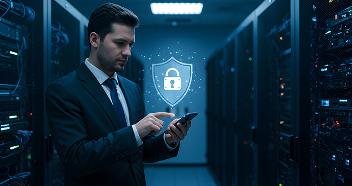 Man checking smartphone in server room with lock 