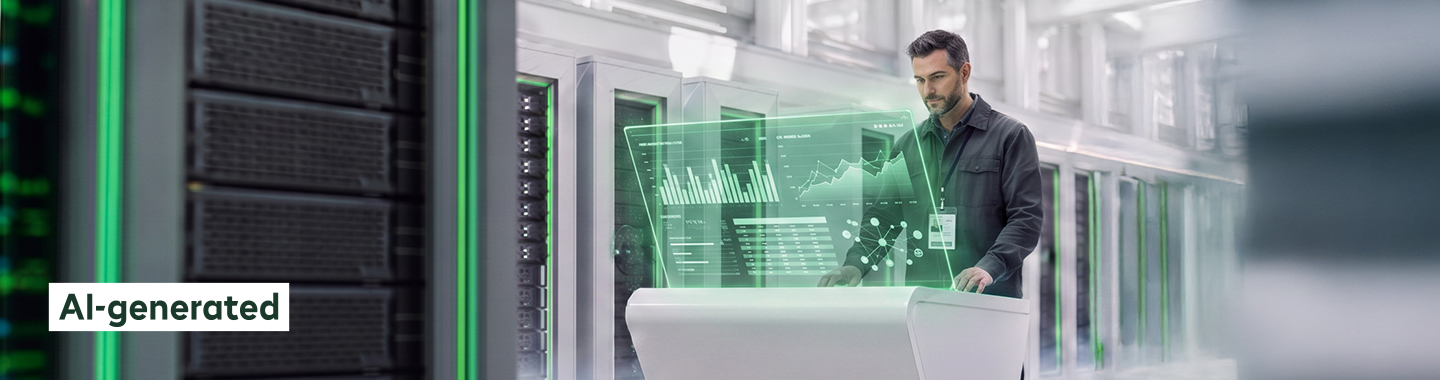 A man is working in a data center on a big transparent touch screen