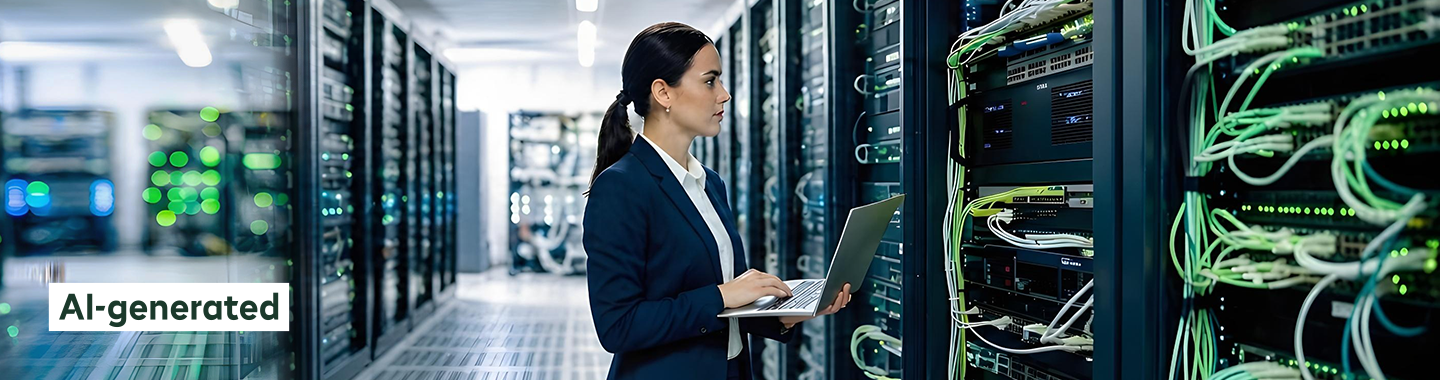 A businesswoman with a laptop is working in a server room
