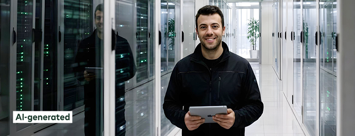 A man with a tablet is working in data center