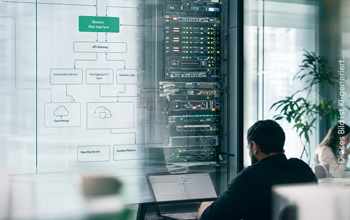 Ein Mann arbeitet in einem Serverraum.