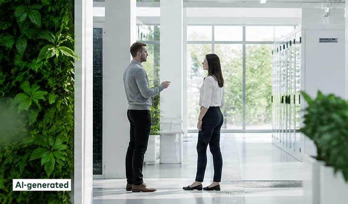 A man and a woman are talking in an office