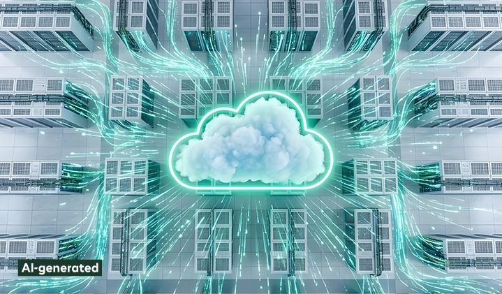 A big cloud above a data center, neon streams are going from the cloud