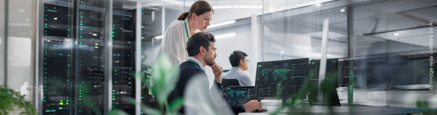 A man and a woman are working together on an IT security project