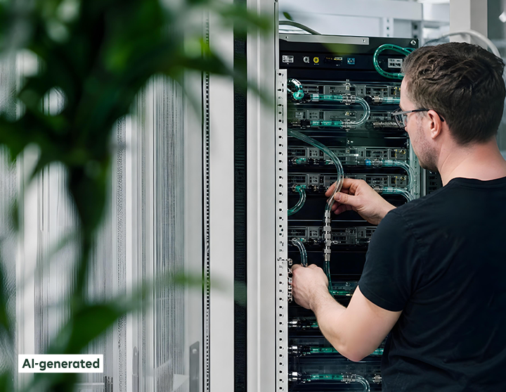 A man in a black shirt is fixing a server